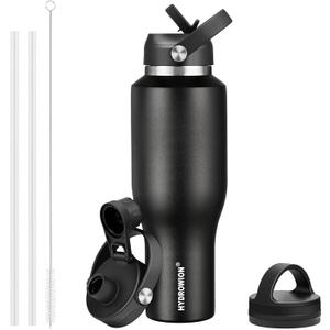 HYDROWION 40 oz Insulated Water Bottle with Straw fit in Car Cup Holder(Cold 48 hrs, Hot 24 hrs) Drinking Bottle with Straw Lid, Spout Lid and Flex Cap Leakproof Travel Thermo MugBlack