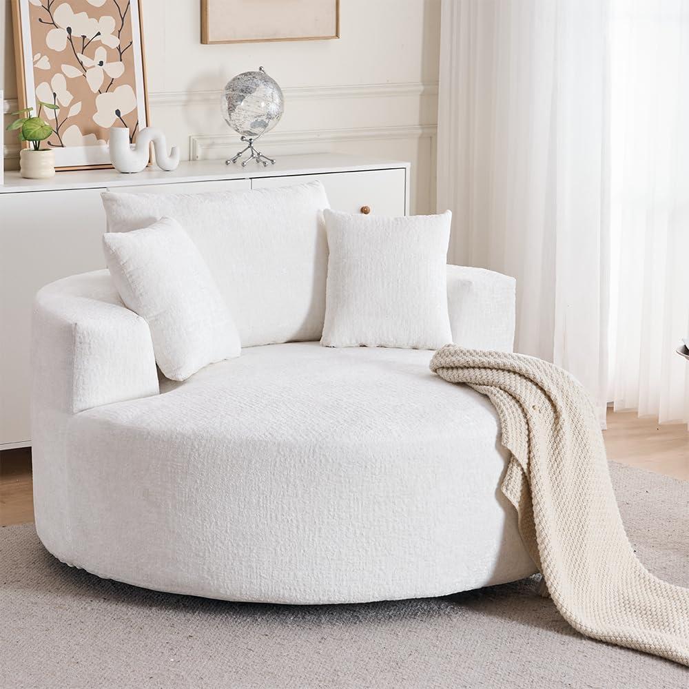 ERYE 54-Inch Round Swivel Boneless Chair for Living Room Bedroom, Comfy Chenille Upholstered Accent Armchair Oversized Full Foam Round Lounge Barrel Chair W/3 Pillows (Beige)