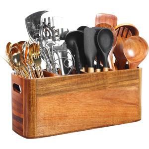 Kitchen Utensil Holder for Counter or Countertop, Extra Large Acacia Wood Organizer with 4 Compartments, Wooden Storage for Cooking and Silverware, Rustic Minimalist Decor, Sturdy Utensil Crock