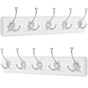 IBosins 2 Pack Coat Rack Wall Mount, 17'' Rustic Wooden Coat Hanger, Heavy Duty Metal Coat Hooks Rail for Entryway Closet Bathroom Coat Jacket Scarf Towel Hat, White