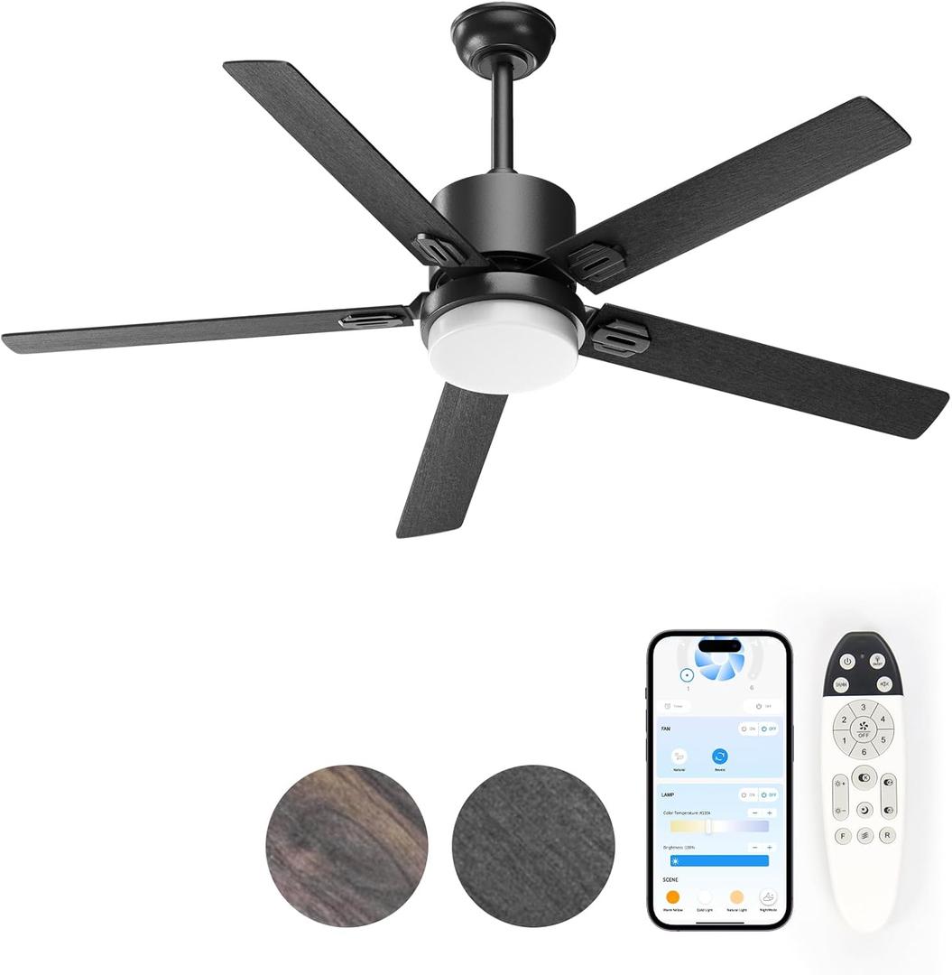 Modern 42Inch Ceiling Fan with Remote Control, Energy-Efficient LED Light, Reversible DC Motor for Indoor/Outdoor Use, Black and Dark Walnut