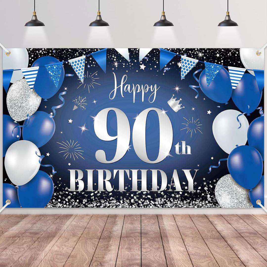 Happy 90th Birthday Banner for Men, Navy Blue Black Silver Happy 90 Years Decorations Fabric Backdrop, 180110cm Photo Background Signs for Men's 90th Birthday Party Decor