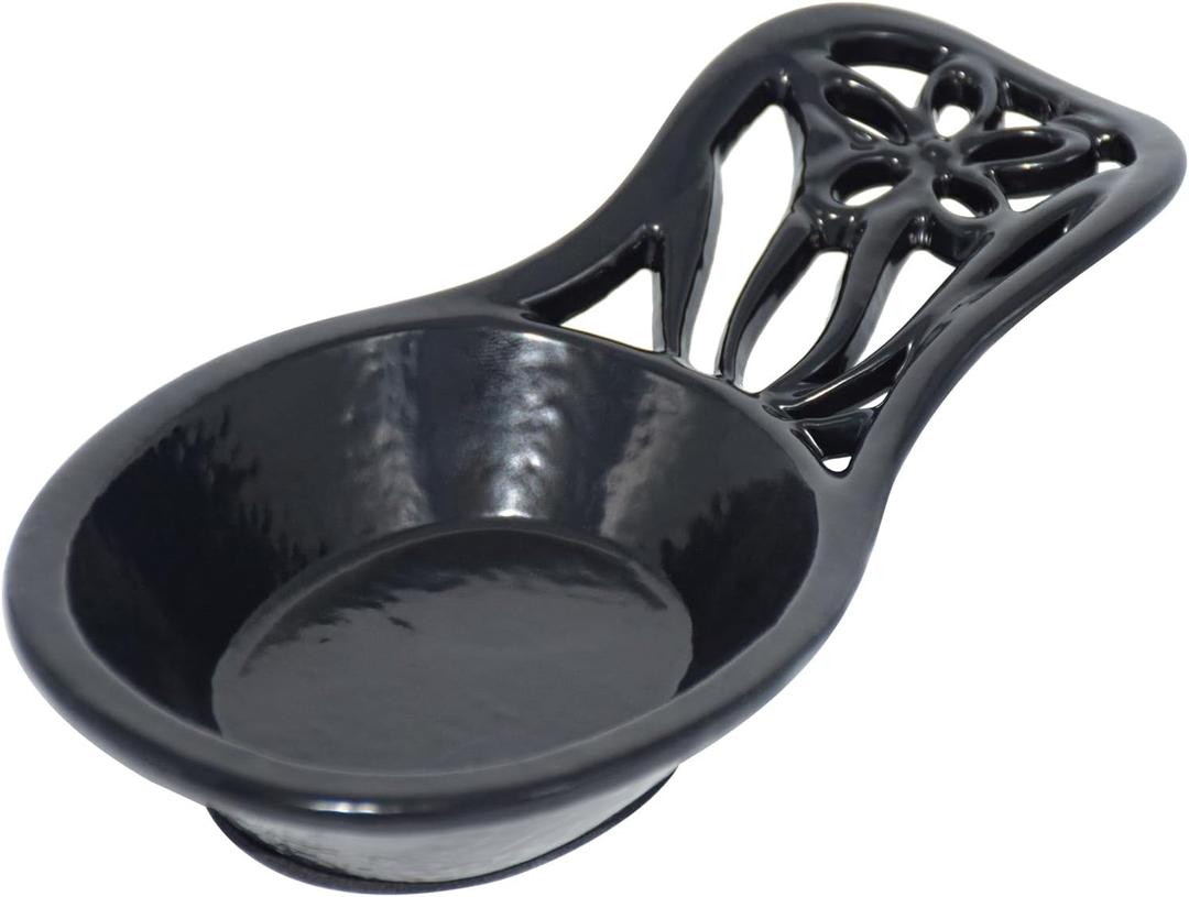MINLUFUL Spoon Rest,Vintage Robust & Unbreakable Cast Iron Spoon Rest Holder for Stove Top/Kitchen Counter, Heat-Resistant Utensil Rest for Spoons/Ladles/Tongs, Housewarming Vintage Decor,Black