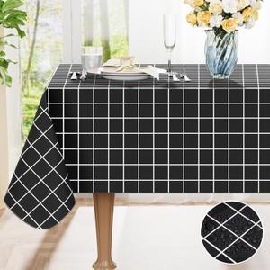 Rectangle Table Cloth, Waterproof Vinyl Tablecloths with Flannel Backing, Wipeable Plastic Plaid Table Cover for Dining, Picnic, Indoor and Outdoor (52" x 70", Black)