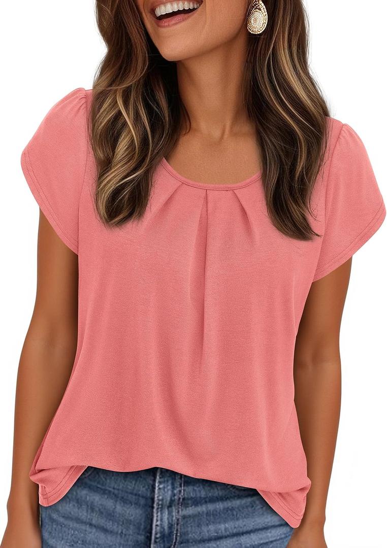 PRETTYGARDEN Womens Tops Dressy Casual Summer 2026 Short Sleeve Blouses Crew Neck Pleated Basic T Shirts Spring Clothes M