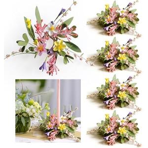 6 Pcs 1.38" Mini Spring Taper Candle Rings Wreaths Small Artificial Pink White Daisy Flower Taper Candle Holder Wreath Purple Wild Flower Summer Floral Pillar Holder Wreath for Candlesticks Decor