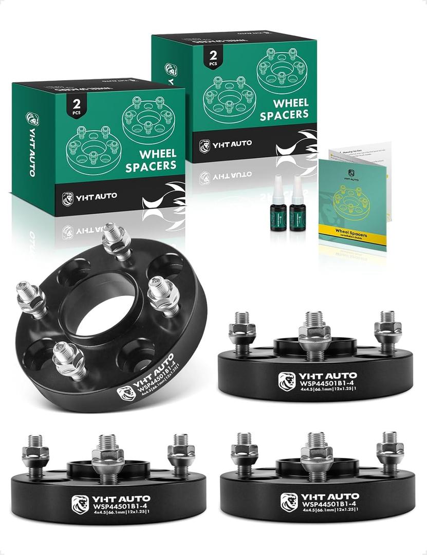 YHTAUTO 4x4.5 Hub Centric Wheel Spacers 1 Inch Fits Nissan Altima Maxima 200SX 240SX 300ZX, Infiniti G20 M30 4x114.3mm Tire Spacers w/ M12x1.25 Studs, 66.1mm Hub Bore 4 Lug 4PCS Black