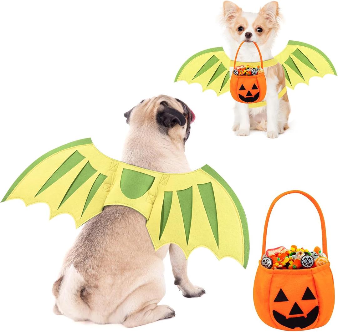 Dog Halloween Costume Dragon Wings for Dogs, Small Medium Large Dog Costume, Dinosaur Pet Puppy Outfit with Pumpkin Bags Cosplay Clothes Christmas Cat Dress up Accessories