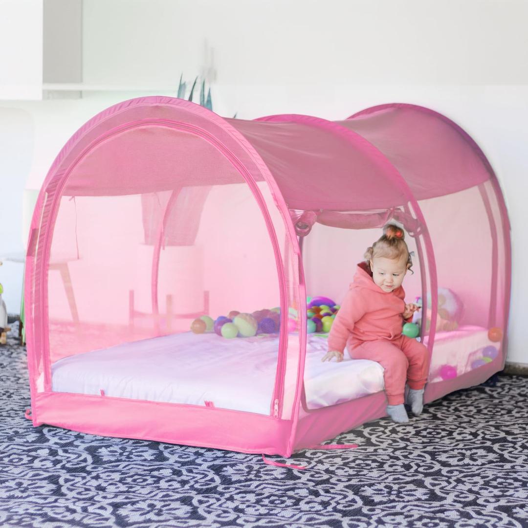 LEEDOR Bed Tent Dream Tents Bed Canopy Shelter Cabin Indoor Privacy Warm Breathable Pop Up Twin/Full/Queen for Kids and Adult Patent Pending(Mattress Not Included) (Mesh Pink)