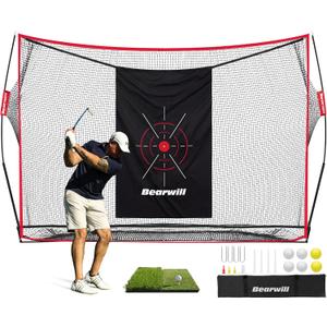 Bearwill Golf Net, 10x7ft Heavy Duty Golf Practice Nets with Mat, Target Cloth, 8 Tees, 6 Balls, Carry Bag for Backyard Driving Chipping Indoor Outdoor Training