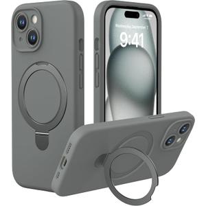 CellEver Strong Magnetic Case for iPhone 15 [for MagSafe Charging] [Camera Protection] Heavy-Duty Protection, Soft Grip Silicone Cover with Kickstand, Titanium Gray