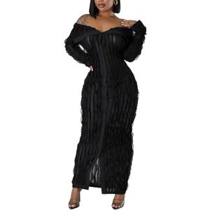LETSVDO Women's Maxi Off Shoulder Dress Long Sleeve Button Down Ruffle Mesh Bodycon Sexy Dresses Stretchy (Large, 1-black)