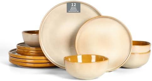 Vicrays Ceramic 12 Pieces Dinnerware Set - Dinner Plates Salad Plates Cereal Bowls Set Service for 4 - Scratch Resistant Microwave Oven Dishwasher Safe - Beige