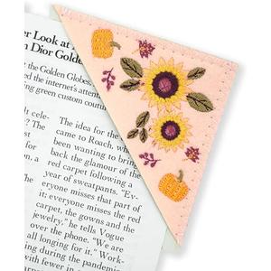 4 x Personalized Hand Embroidered Corner Bookmarks for Women-Seasons Felt Triangle Page Stitched Leather Bookmark,Unique Cute Flower Embroidery Book Marker Clip for Book Lovers' Gifts (Autumn)