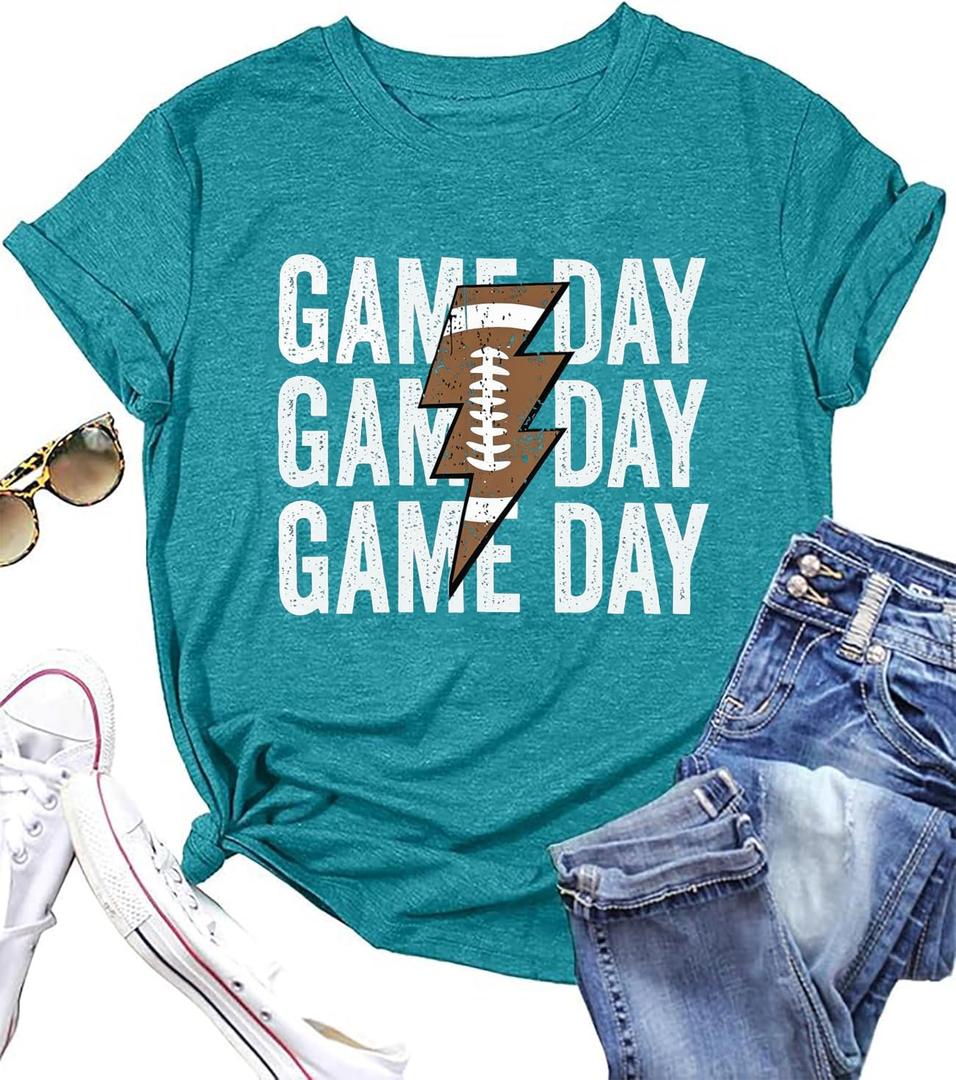 Football Mama Shirts Women Game Day Football Mom T Shirt Season Sports Mom Shirt Short Sleeve Sunday Tee Tops (Small, Cyanblue)