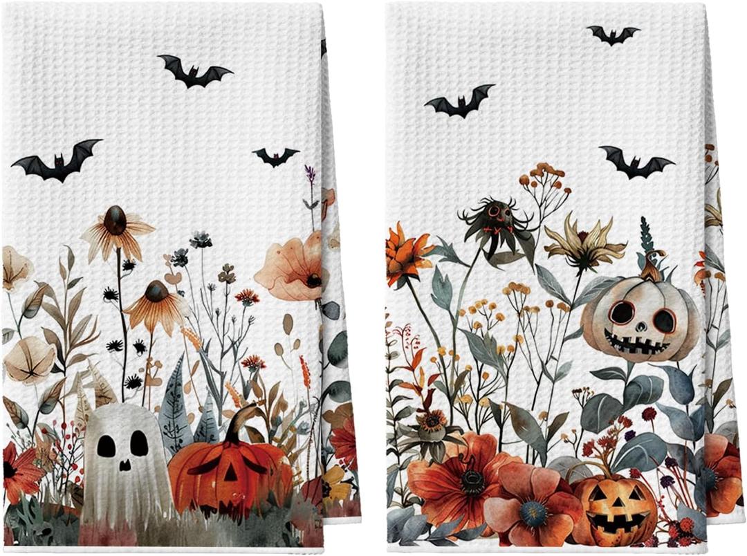 Artoid Mode Ghost Pumpkins Bats Floral Halloween Kitchen Towels Dish Towels, 18x26 Inch Quick Dry Microfiber Hand Towels for Kitchen Drying Set of 2 (Beige)