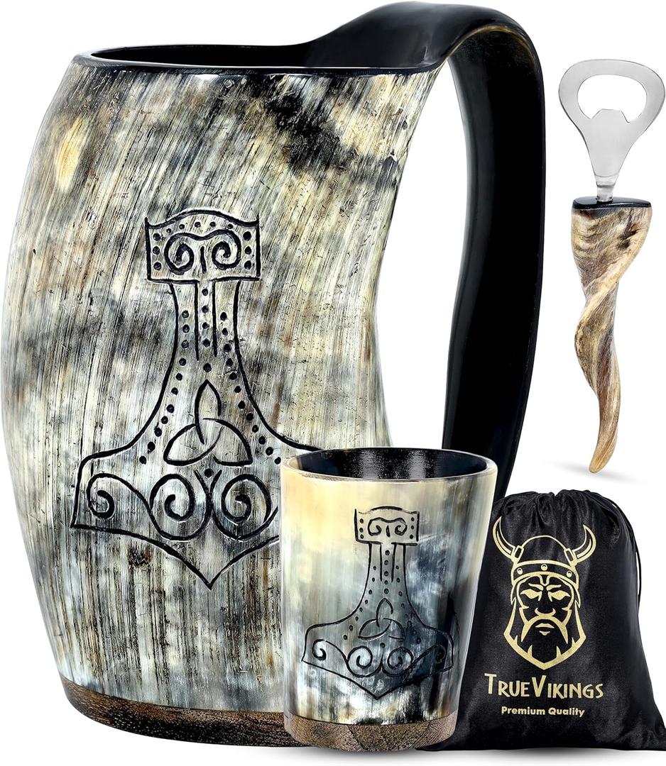 Drinking Horn Mug 16-20 oz  Gifts for Men, Dad, Husband  Unique Viking Gift  Handmade Authentic Ox Horn Cup with Shot Glass & Opener  For Beer, Ale, Mead  Natural Polished (Thor)