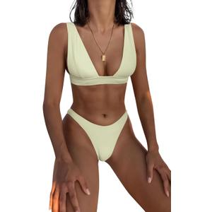 Bathing Suits for Women Deep V Neck Sexy Two Piece Bikini Sets for Women Thong Halter Cheeky Swimsuit (Small, Beige)