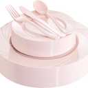 YOUBET 125PCS Pink Plastic Plates - Light Pink Birthday Plates Include 25 Dinner Plate, 25 Dessert Plate, 75 Silverware for Baby Shower & Birthday Parties Mothers Day