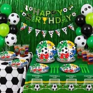 Soccer Party Supplies for 24 Guests, Soccer Birthday Decorations Set with Plates Cups Napkins Tablecloth Balloons Banner & Cutlery, Soccer Theme Party Decorations for Game Day Sports Celebration