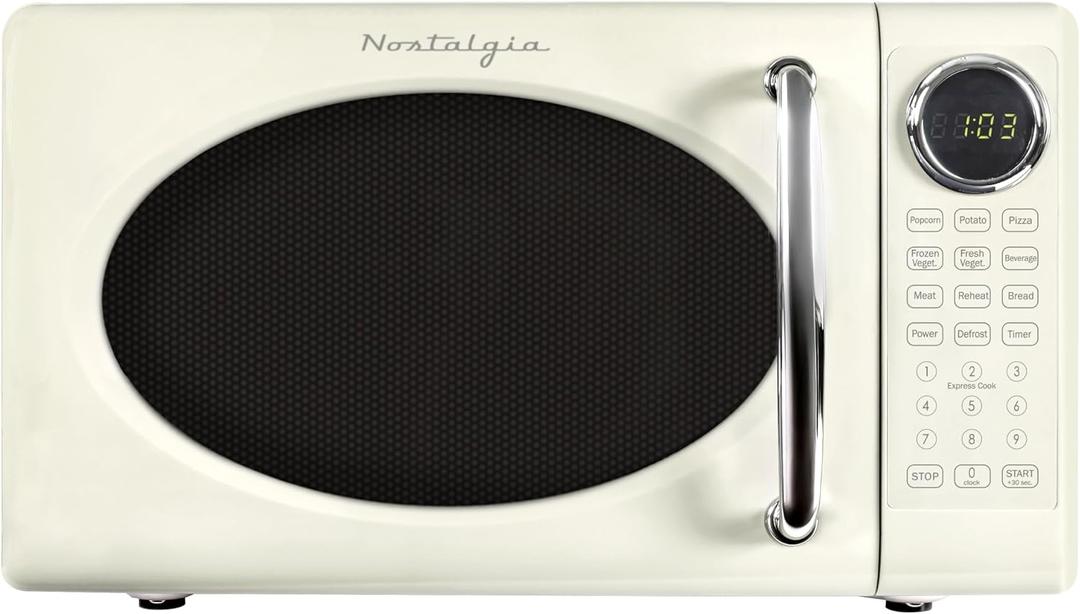Nostalgia Retro 700W Microwave Oven 0.7 Cu Ft Capacity Child Safety Lock, 8 Auto-Cook Settings Countertop Kitchen Appliance Ivory