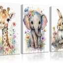 3Pcs Safari Animal Nursery Canvas Wall Art Watercolor Baby Animals with Wildflowers Picture Posters Wall Decor Cute Giraffe Elephant Rabbit Painting Print Artwork for Kids Children Room Decor 16x24in