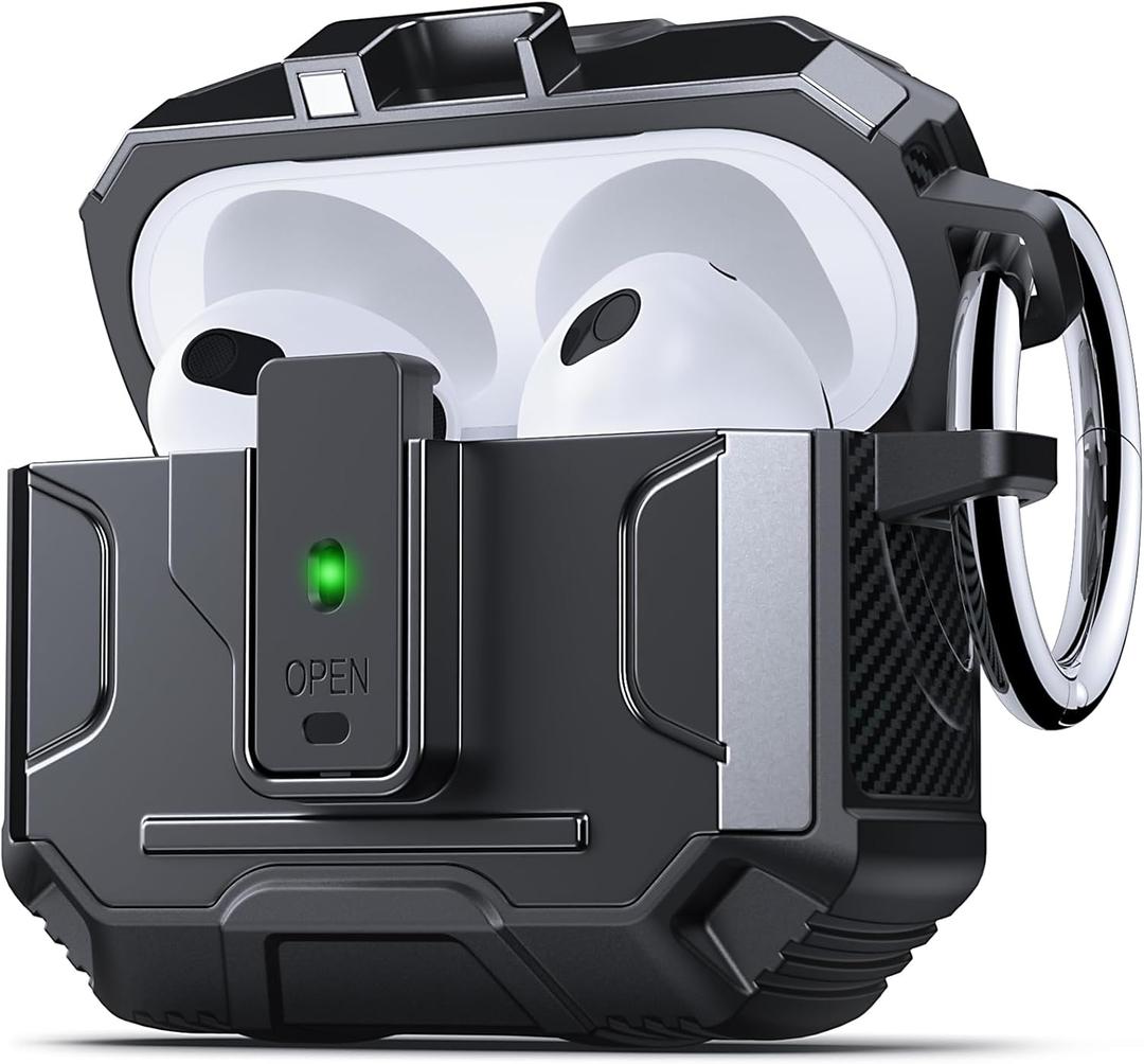 DASFOND Armor Cover Airpods 3 Generation Case, Military Grade Full Body Shockproof Protection Hard Case, Support Wireless Charging with Keychain, Magnetic Lid, Front LED Visible, Black