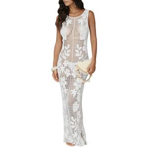 WDIRARA Women's Floral Crochet Sheer Cover Up Maxi Beach Dress Hollow Out Sleeveless Coverups (White, M)