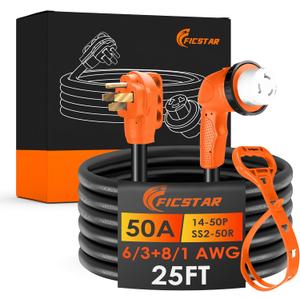 50 Amp RV Extension Cord 25 ft, Heavy Duty 6/3+8/1 SJTW AWG RV Power Cord with Grip Handle Twist Lock, NEMA 14-50P to SS2-50R with Polarity Lamp