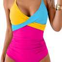 B2prity Women's One Piece Swimsuits Tummy Control Front Cross Bathing Suits Tie Back Slimming V Neck Swimwear, Size Large