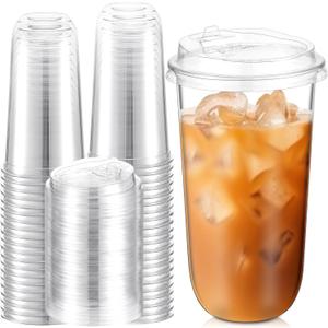 Baderke 50 Sets Crystal Clear Plastic Cups With Lids, Disposable Iced Coffee Cups with Lids for Smoothie, Cold Beverages, Drinking Cups, Cold Drinks for Party, Wedding, Event(Clear,20 oz)