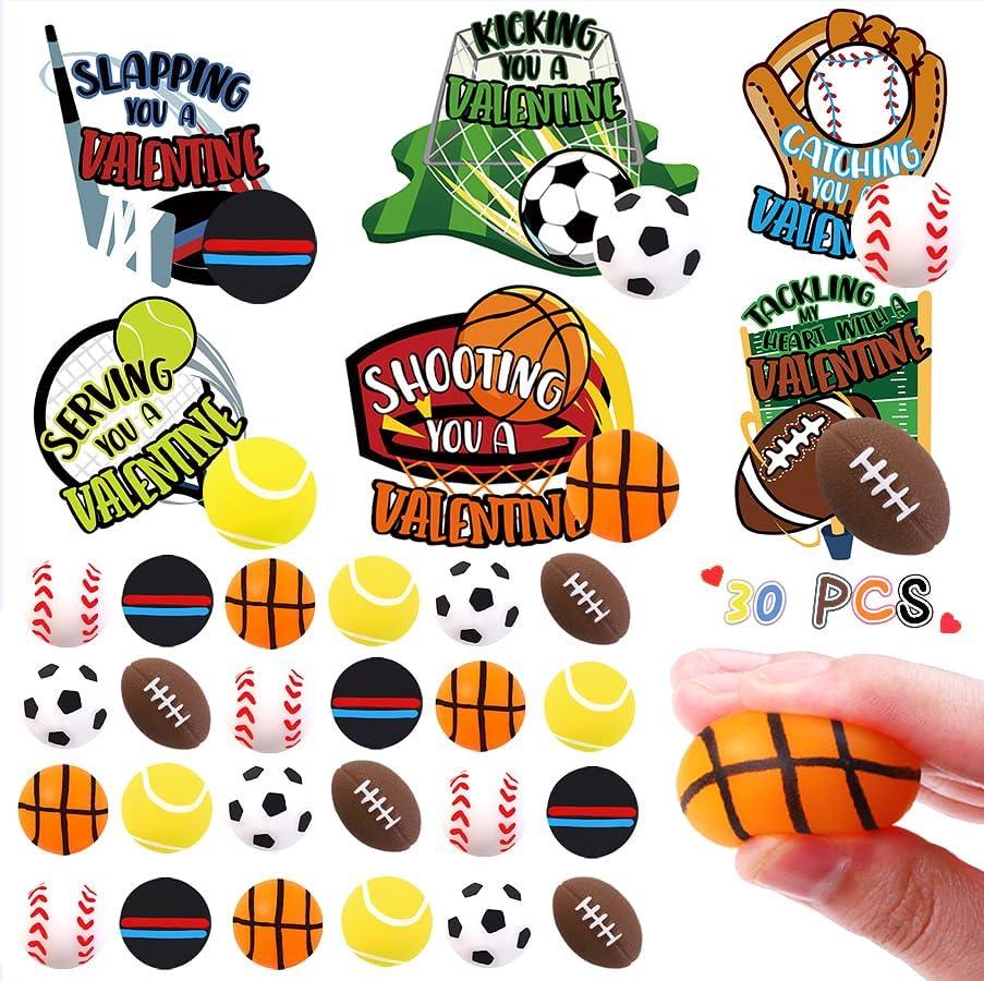 30 Pack Valentines Day Sport Balls with Cards Goodie Bags Bulk Mini Stress Relief Squeeze Sports Balls for Valentines Day School Class Game Prizes Kids Toys Presents Exchange Party Favors
