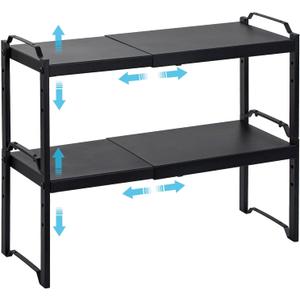 2 Pack Expandable Cabinet Countertop Shelves, Stackable Shelves Organizers For Kitchen Cabinet Countertop Storage, Adjustable Counter Cupboard Pantry Organizer Shelf Rack Stand, Length:20.5" (Black)
