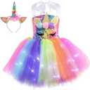 Wish Care 3-8 Years Halloween Girls Unicorn Dress with Headband, Sequin Lighted Tutu Unicorn Party Costume Princess Dress Size 6T