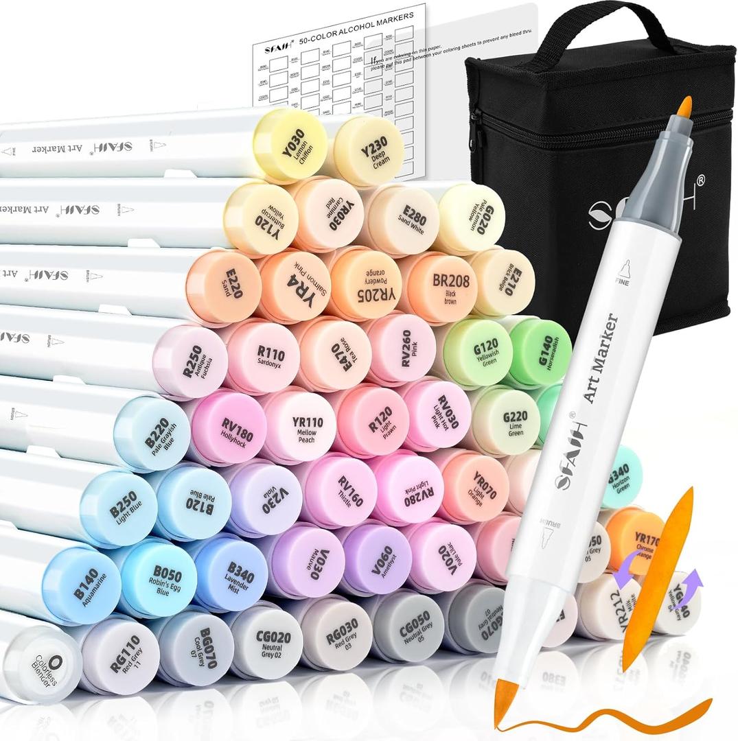 SFAIH Pastel Alcohol Markers Brush Tip - 51 Brush & Fine Dual Tip Art Markers for Artist Illustration, Adult Coloring Books, Gifts for Artist Adult, Colorless Blender, Enjoy Blending, Carrying Case