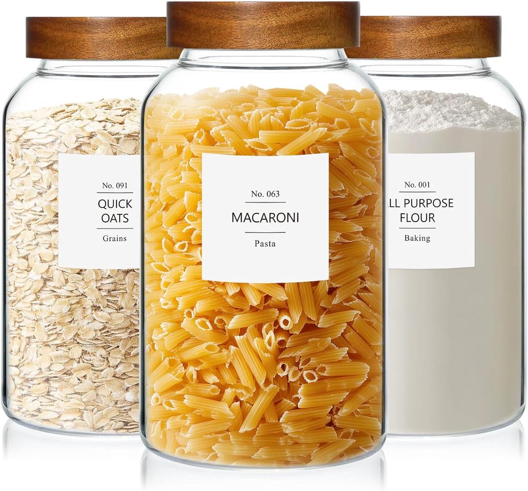 KEYWING 88oz Large Glass Jars with Airtight Acacia Wood Lids, Set of 3 Food Storage Containers for Flour, Sugar, Rice, Pasta, Cereal, Cookies  Includes 126 Labels