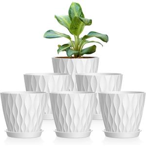 6 Pack 4 Inch Small Plant Pots with Saucers, 3D Textured Plastic Planters with Drainage Holes for Indoor and Outdoor Plants, Flowers, Herbs, Succulents, and Seedlings, White
