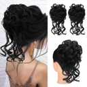 HOOJIH 2 Pack Messy Bun Hair Piece, Wavy Curly Hair Wrap Ponytail Hairpieces, Black