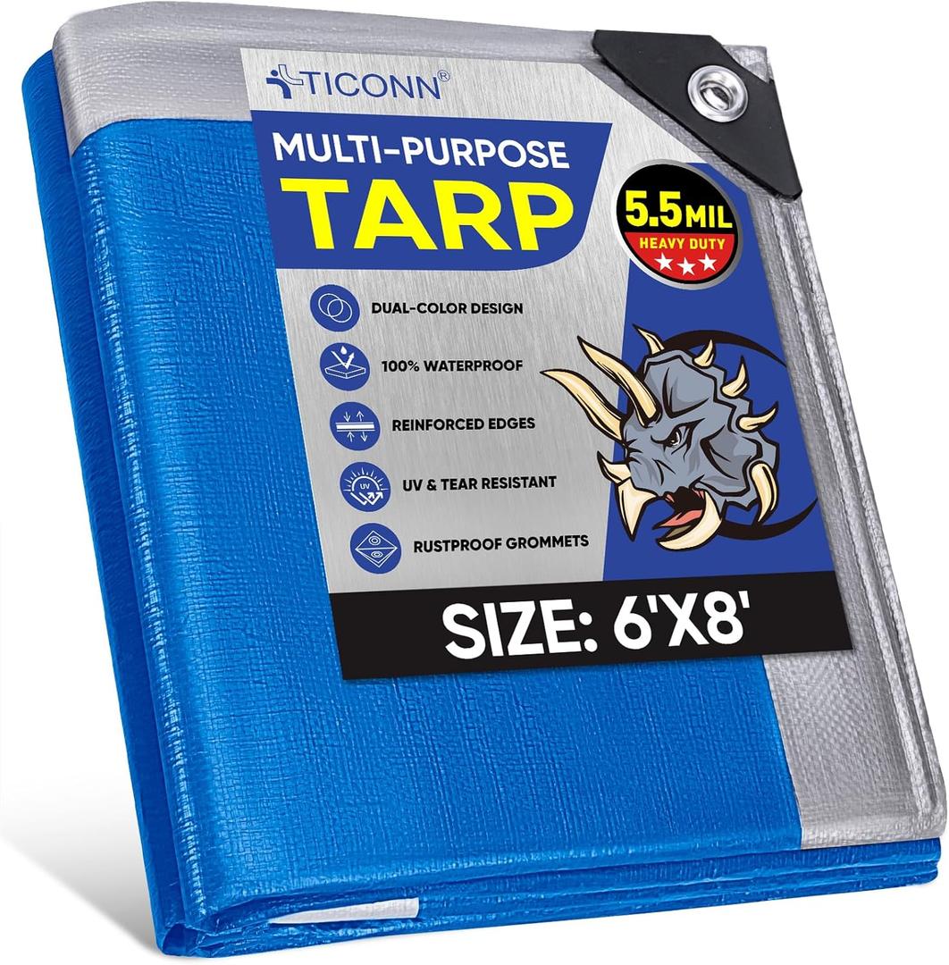 TICONN Heavy Duty Tarp Cover, Extra Thick Tarps Waterproof Tear and Rip Proof UV Resistant Tarpaulin with Reinforced Grommets and Edges (5.5 Mil, 6'x8')