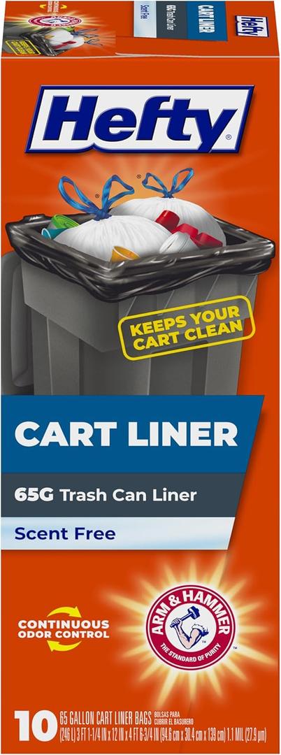 Hefty Cart Liner Trash Bags, 65 Gallon, 10 Bags (Scent Free, ARM & HAMMER Odor Control, Drawstring)