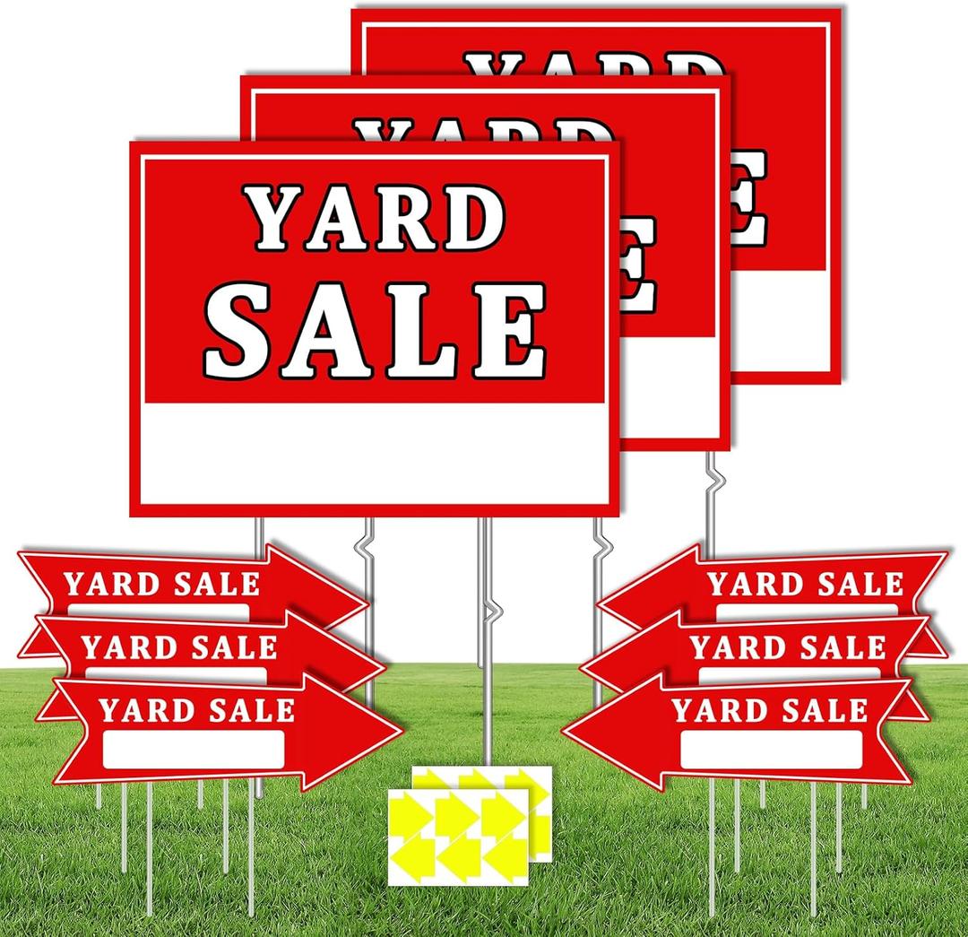9 Pcs Yard Sale Signs with Stakes, Corrugated Arrow Yard Sign, Double-Sided Yard Sale Sign with 12 Directional Arrow Stickers for Yard