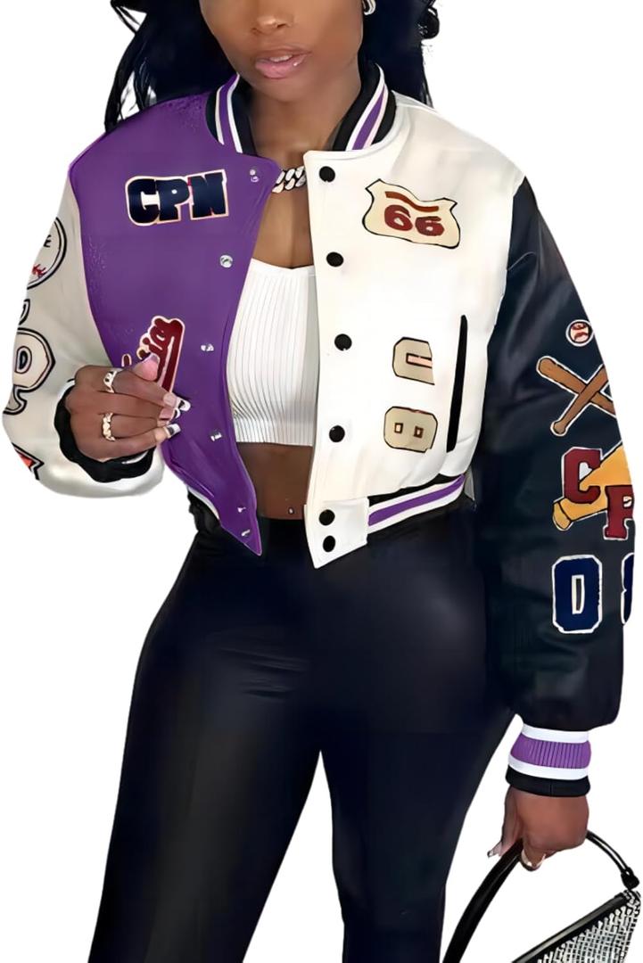 Glitrandi Varsity Jacket Women with Patches Print Cropped Bomber Leather Jacket Women 2025  (Large)