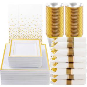 Goodluck 352-Piece Dinnerware Set for 50 Guests - Thanksgiving Square Plastic Plates with Gold Trim, Includes: 100 Plates, 50 Rolled Napkins, 50 Cups, 50 Cutlery Set and 2 Tablecloths