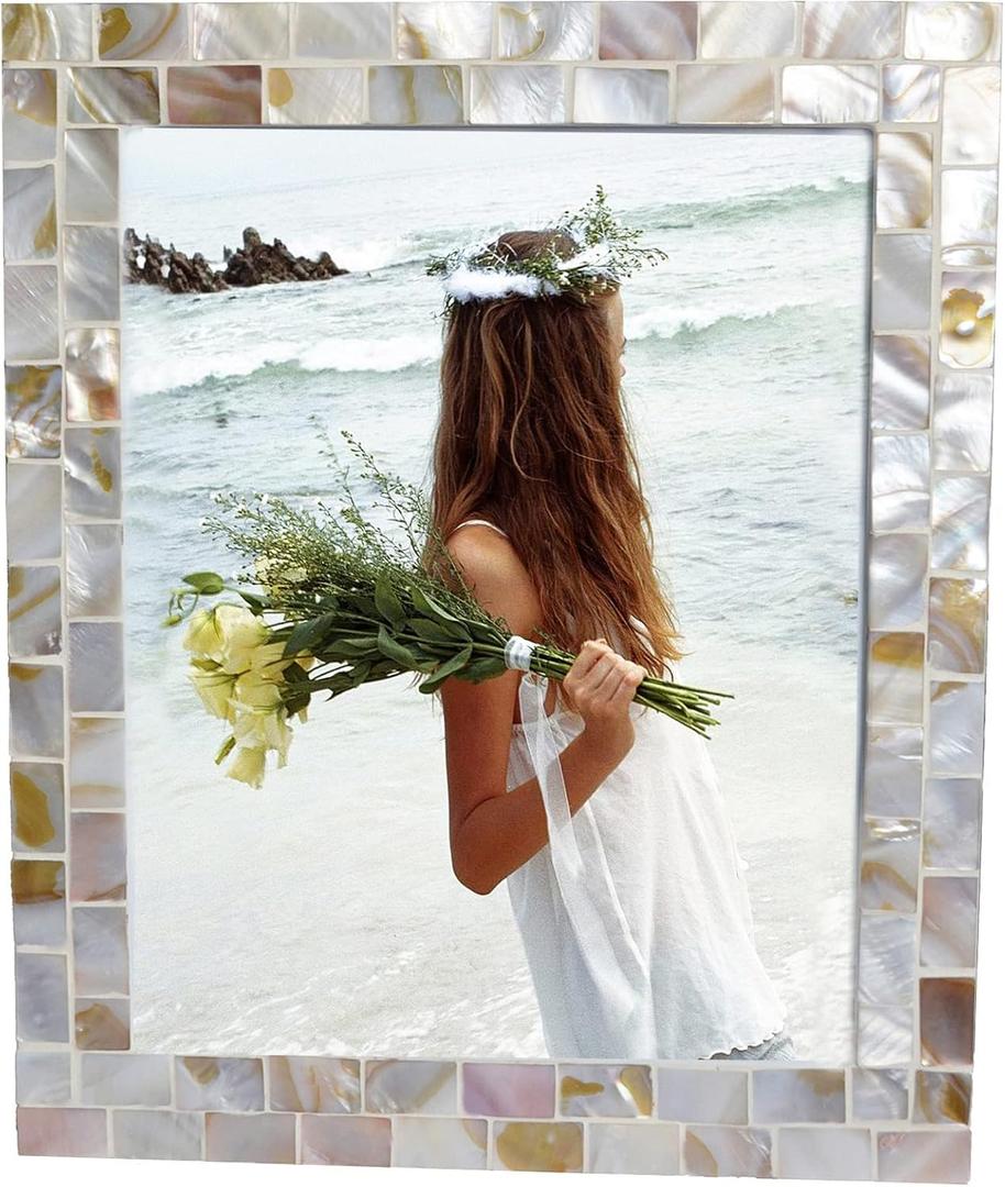 White Picture Frame 8x10 Wedding Picture Frame Mother of Pearl Photo Frames for Wall Hanging or Tabletop 8 by 10 inch (Natural White,1Pc)