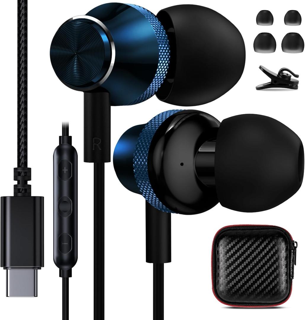 USB C Headphone for iPhone 17 16 Pro 15 Plus iPad 10 11 Mini 6 Air,COOYA Type C Wired Earbuds for Samsung S25 Ultra A16 S23 Flip/Fold 7 A54 A36 HiFi Stereo in-Ear Earphone+Mic for OnePlus 13 Pixel 9 8 (Blue)