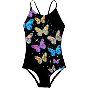 Idgreatim Girls Swimsuit Black Quick Dry Bathing Suit Colorful Butterflies Swimwear, 11-12 Years