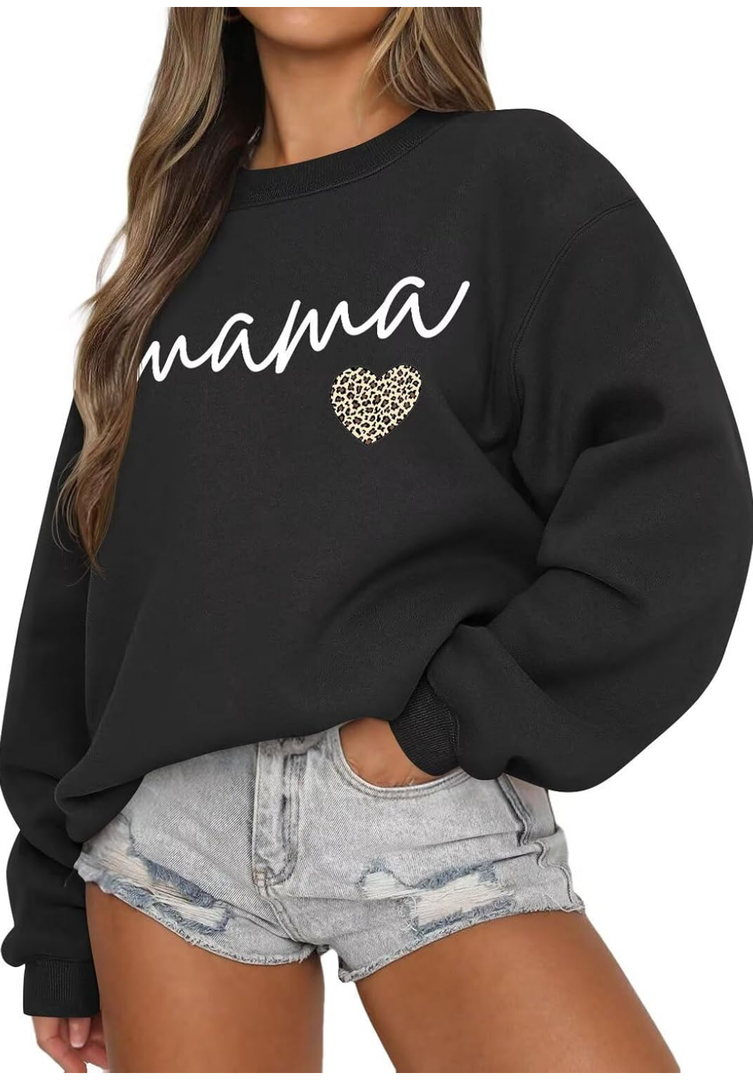 LEEDYA Women Long Sleeve Mama Sweatshirts Crewneck Casual Fall Pullover Tops Oversized Knit Mom Sweater (M, Black)