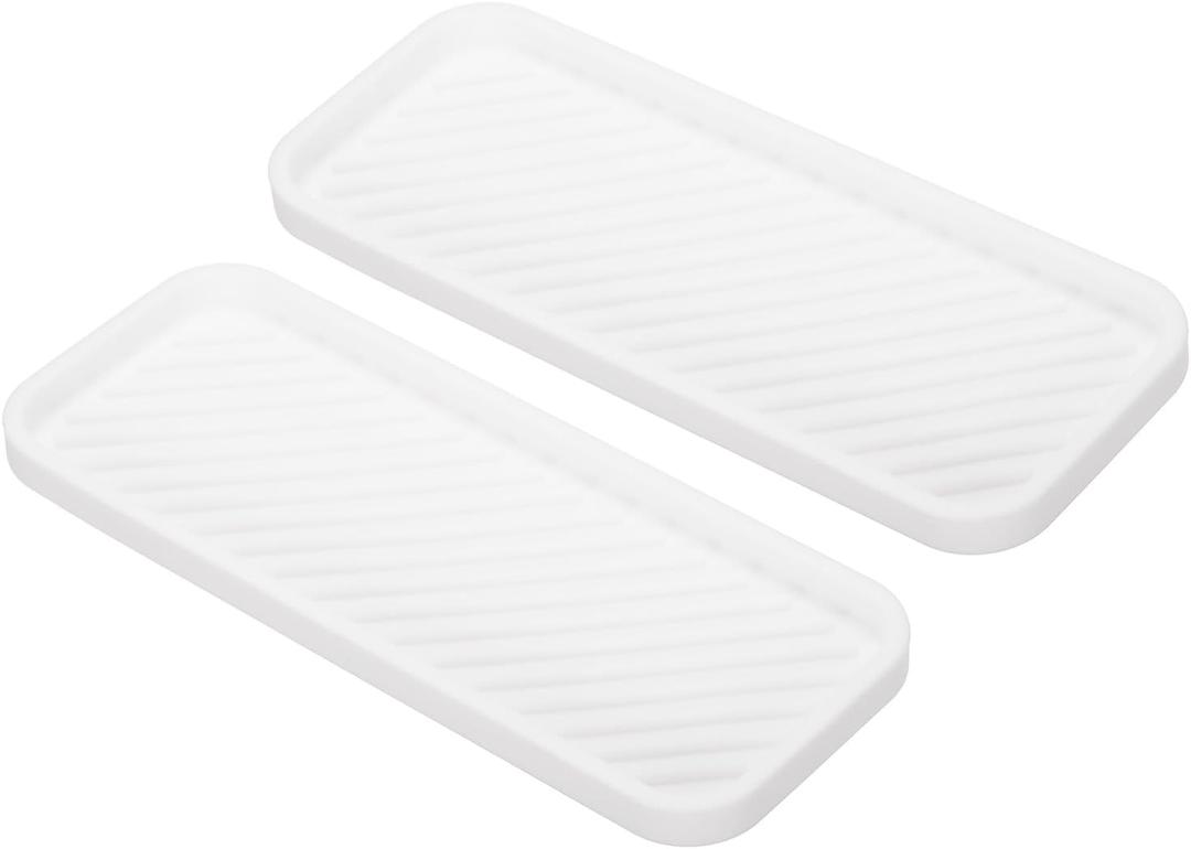 PATIKIL Silicone Bathroom Tray, 2 Pcs 9" x 3.5" Soap Dispenser Tray Jewelry Organizer Dish for Restroom, Dresser, Kitchen Sink for Sponge, Scrubber, Dishwashing Accessories, White