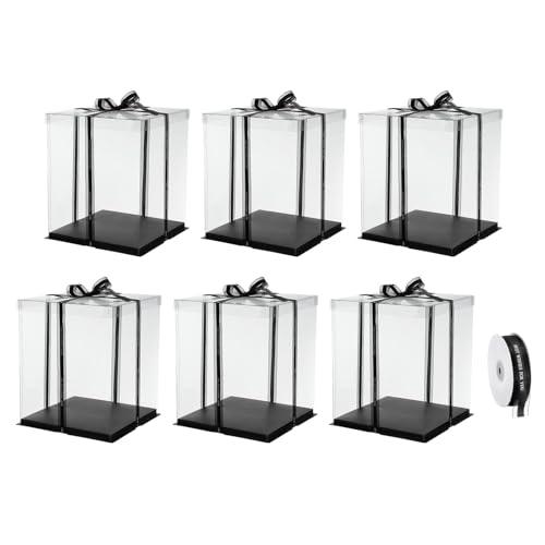 uxcell Clear Cake Box, 6Pcs 10"x10"x13" - Tall Cake Boxes with Ribbon for 8 Inch Cake Packing Carry - for Birthday Parties, Wedding (Black)