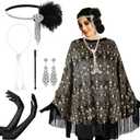 6 Pcs 1920s Flapper Costume Accessories Set for Women Fringed Poncho Flapper Shawl Outfits (Black)